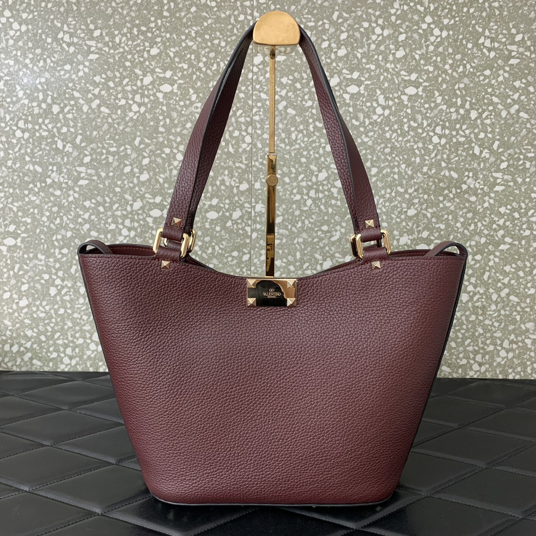 Valentino Garavani Rockstud Shoulder Bag in Burgundy Grainy Calfskin